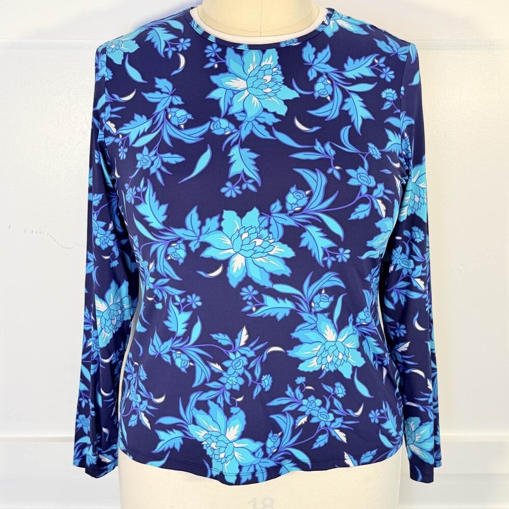 Lands' End Long Sleeve Tee Shirt Blue Tropical Floral Crew Neck Woman's L